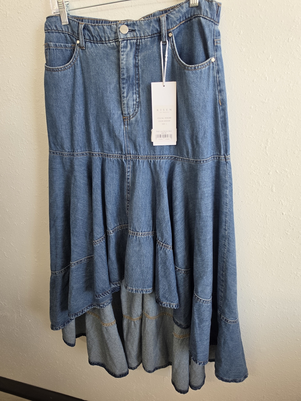 Risen NWT RDS6280 High Low Denim Maxi Skirt Size L Tiered Ruffle - Picture 3 of 7